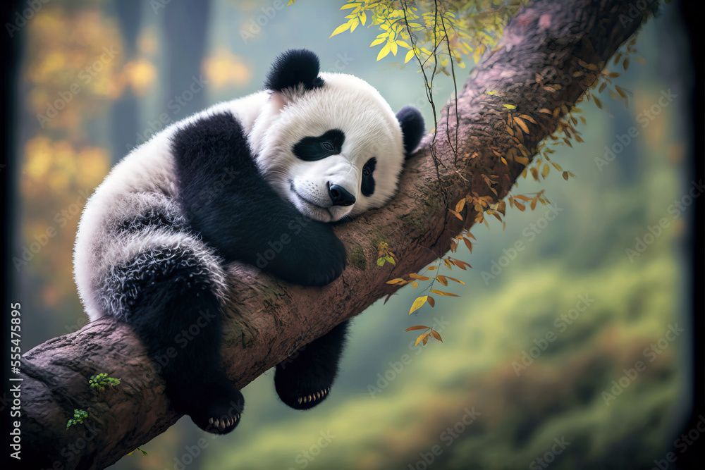 Panda Bear Sleeping on a Tree Branch, China Wildlife. Cute Lazy Baby Panda  Sleeping in the Forest, Enjoying an afternoon nap with paws Hanging Down.  Digital artwork Illustration Stock