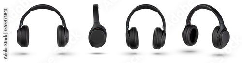 Headphones isolate on white. Wireless headphones in black, high quality, isolated on a white background, for advertising or product catalog. Set of headphones from different angles. photo