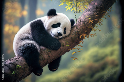 Panda Bear Sleeping on a Tree Branch, China Wildlife. Cute Lazy Baby Panda Sleeping in the Forest, Enjoying an afternoon nap with paws Hanging Down. Digital artwork 