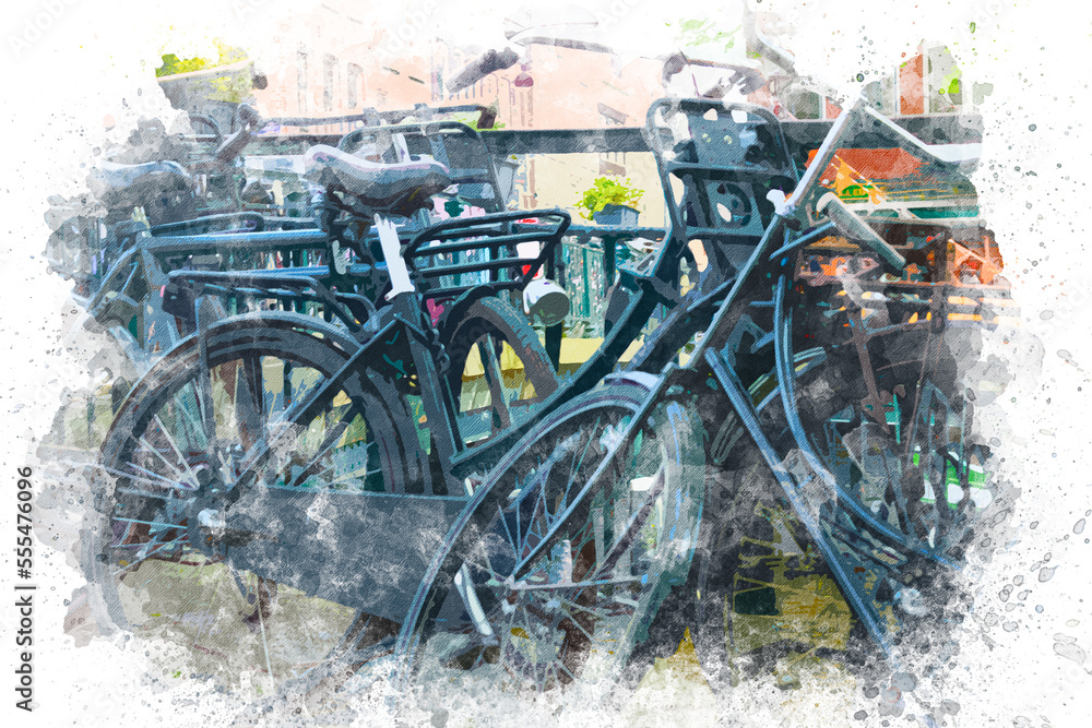 Watercolor painting of Amsterdam cityscape with bicycles. Bikes in Amsterdam watercolor artwork. Bicycles are symbols of Amsterdam The Netherlands. Travel to Amsterdam.
