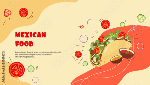 Banner template for website to promote a Mexican restaurant, bar with an illustration of a traditional vegetable chicken tacos. Vector