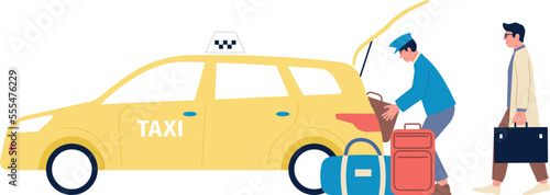 Taxi driver loading luggage in car. Passenger service