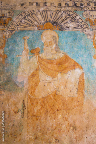 Fresco of St. Paul in Church of Santa Clara, founded 1553; Dzidzantun, Yucatan, Mexico
