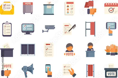 Polling booth icons set flat vector. Ballot box. Choice election isolated