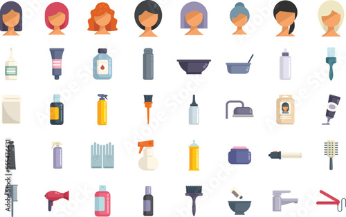 Hair colouring icons set flat vector. Dye shower. Fashion style isolated