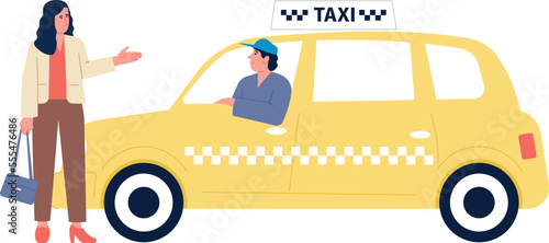 Woman talking with taxi driver. Passenger transport service