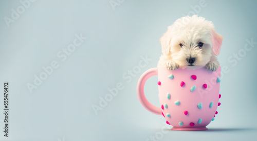 Pastel minimal animal concept of hot drink mug with cute little puppy coming out of it. Love for a small dog, a pet that will be loved and cherished for the rest of life. Illustration. Generative AI.