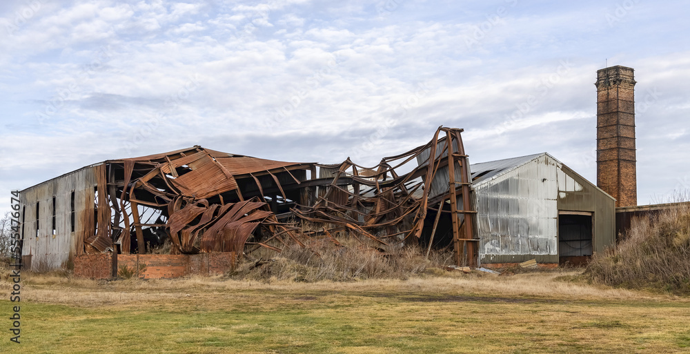 The mangled remains of a burned out brickworks factory; United Kingdom The mangled remains of a burned out brickworks factory; United Kingdom