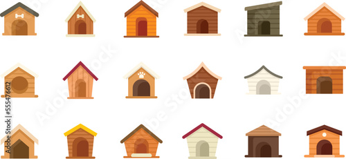 Dog kennel icons set flat vector. Pet accessory. Animal care isolated