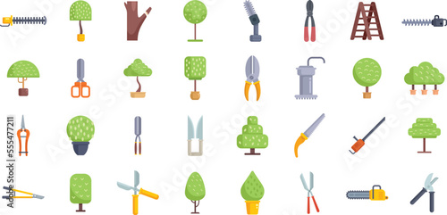 Tree trimming icons set flat vector. Chainsaw tree. Work forest isolated