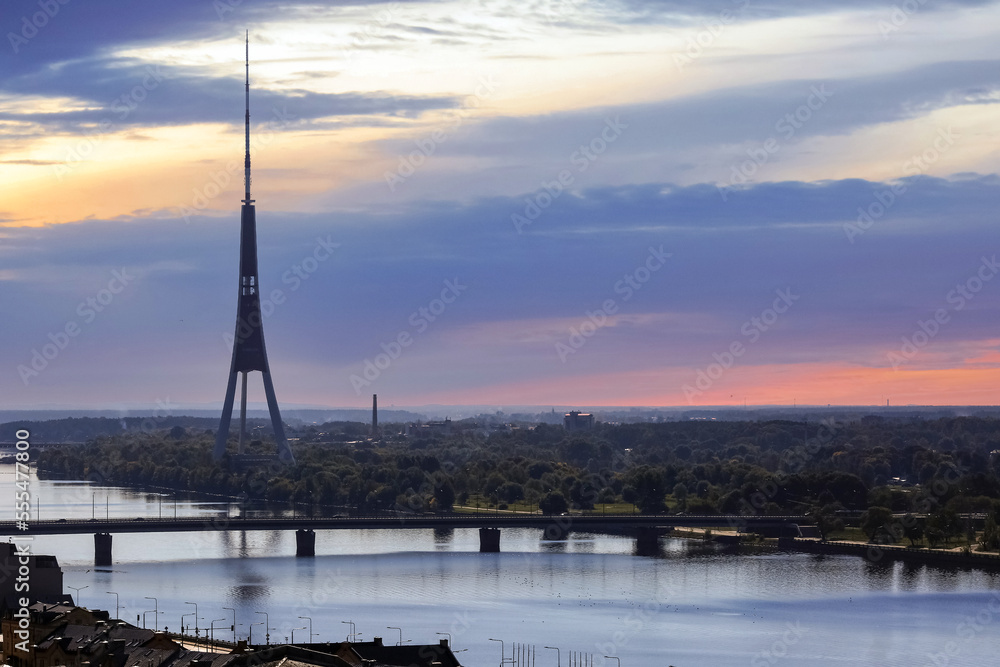 Aerial view of Tv tower in the capital Riga, latvia