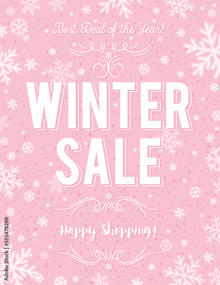 Pink Christmas  sale poster with snowflakes, vector illustration