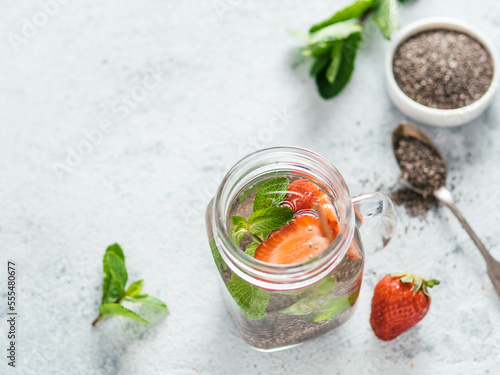 strawberry and mint chia water in mason jar