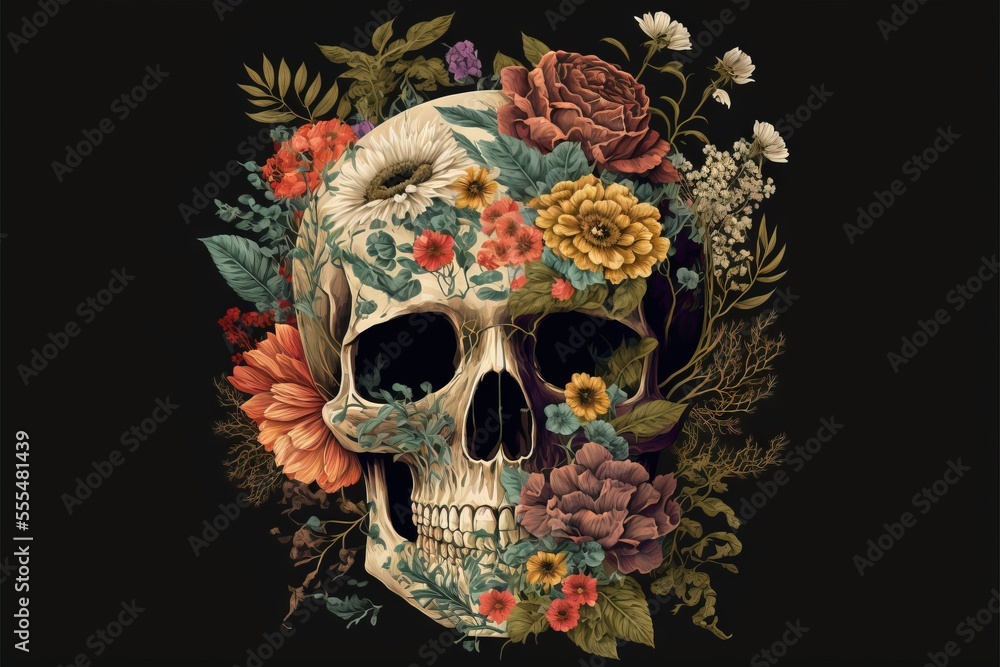  a skull with flowers on it's head and a black background with a black background and a white skull with flowers on it's head. - obrazy, fototapety, plakaty 