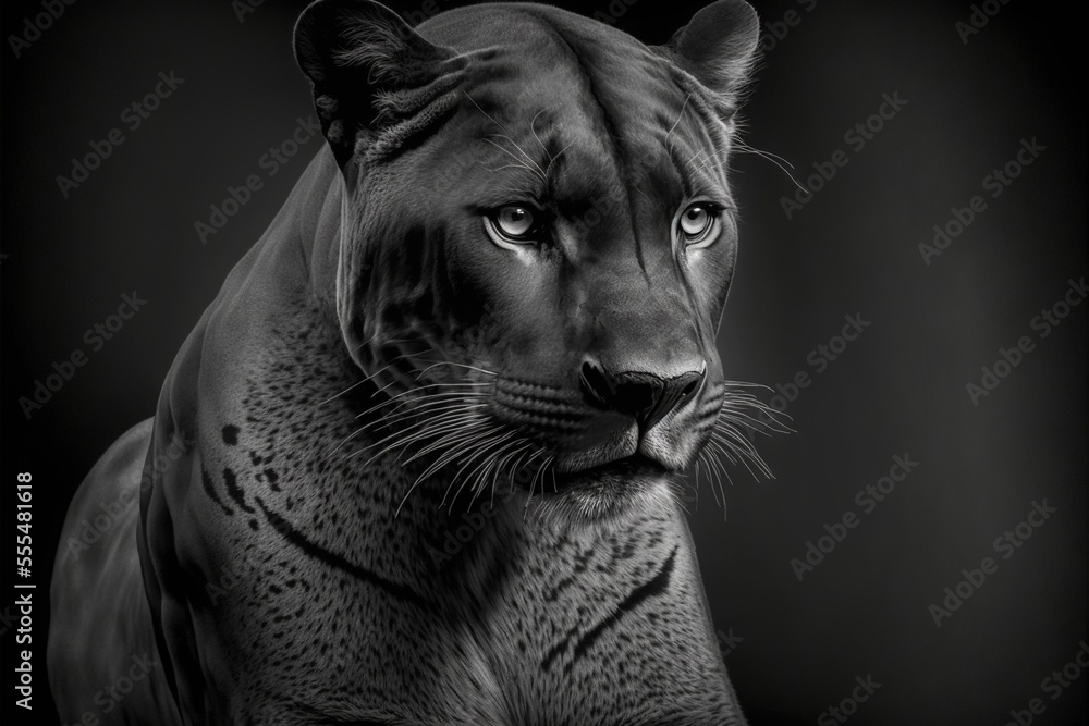 a black and white photo of a tiger with blue eyes and a black