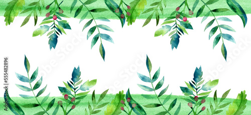 Watercolor greenery border frame 400 dpi PNG with transparent background  graphic resources for wedding invitations  cards  menus  greeting cards  websites  logos  nature  leaves 