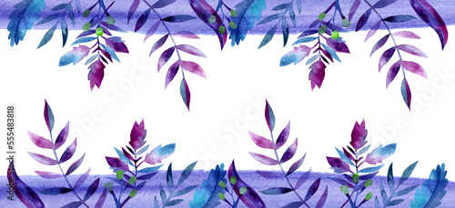 Watercolor greenery border frame 400 dpi PNG with transparent background, graphic resources for wedding invitations, cards, menus, greeting cards, websites, logos, nature, leaves, purple, blue, violet