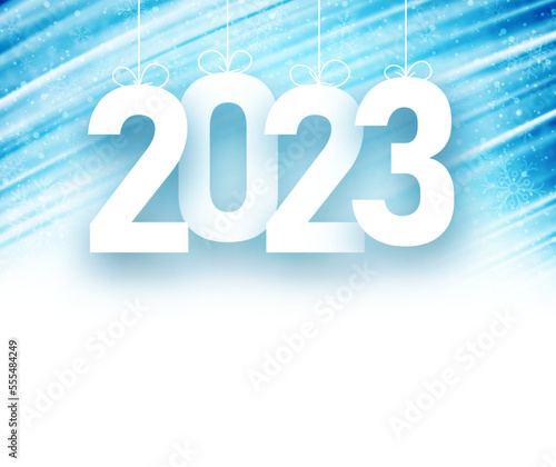 White hanging 2023 sign on blue brush strokes background.