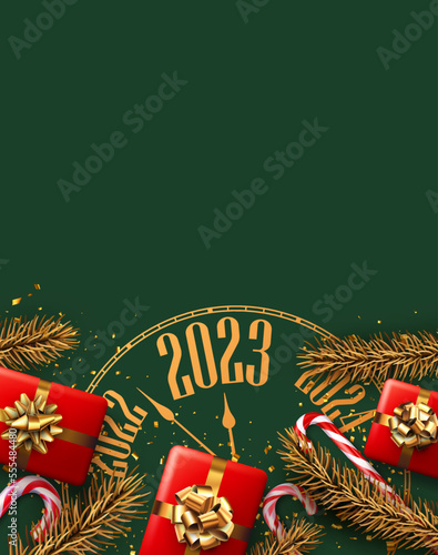 Christmas flatlay composition with clock 2023, gift box, candy cane, confetti, fir branch.