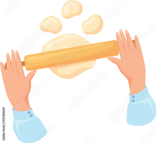 Rolling pin on dough. Cookie baking preparation cartoon icon