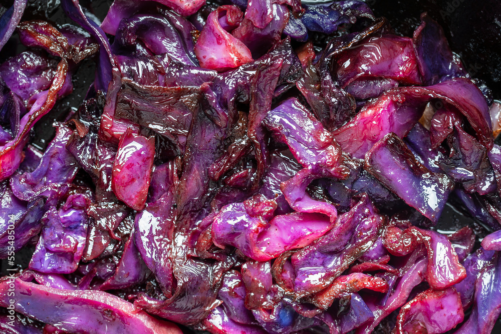 Red cabbage are panfried until lightly charred, then braised in mulled