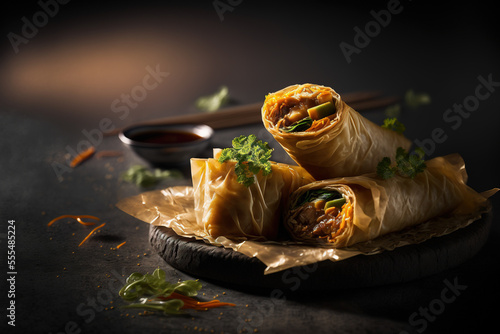 Fototapeta Naklejka Na Ścianę i Meble -  Spring rolls, traditional chinese cuisine popular dish. AI	