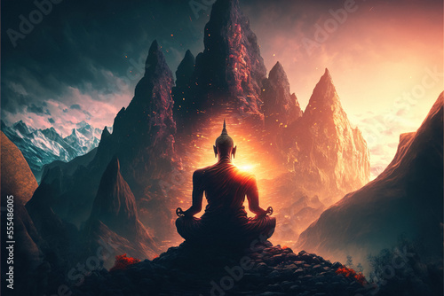 Meditating Buddha sitting backwards, beautiful landscape with mountains and clouds in the background Generative AI