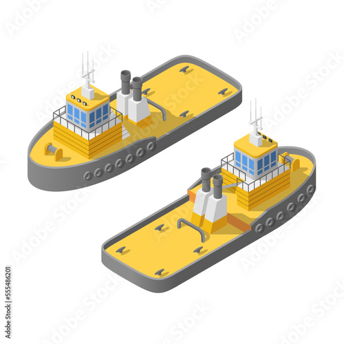 Isometric 3D Transport Boat Ship Tow Tugboat Urban City Element Vector Design Style