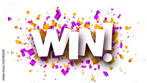 Win sign over colorful cut ribbon confetti background.