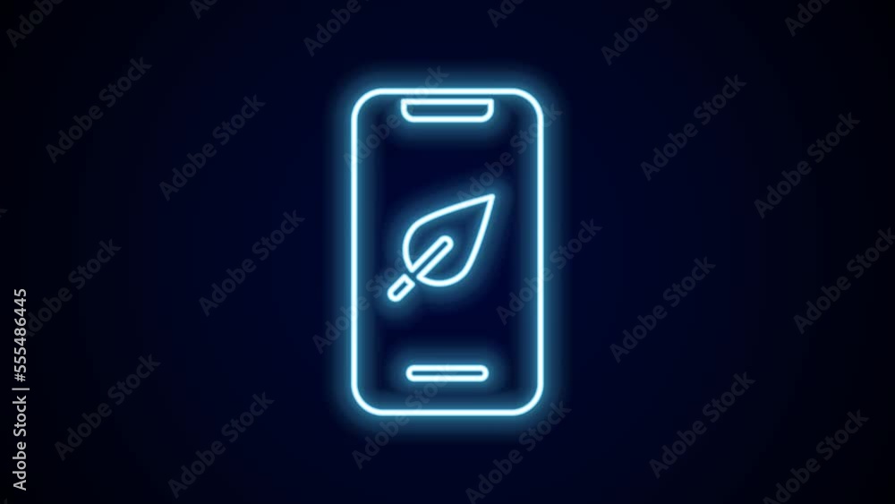 Glowing neon line Smartphone, mobile phone with leaf icon isolated on black background. 4K Video motion graphic animation Glowing neon line Smartphone, mobile phone with leaf icon isolated on black background. 4K Video motion graphic animation