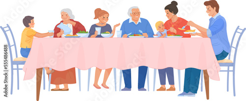 Family dinner. Cartoon happy people eating at table