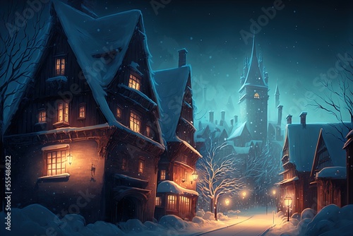 A banner depicting a wintery town at night, complete with snow and ice. This digital artwork was created with a Wacom tablet. Generative AI photo
