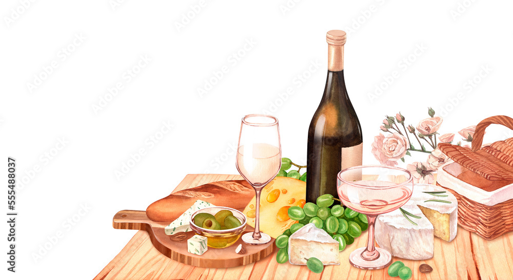 Watercolor white wine bottle, fresh ripe green grapes, cheese on the wood table. Hand draw background with food objects for picnic.Concept for wine list, label, banner, menu, flyer, brochure template