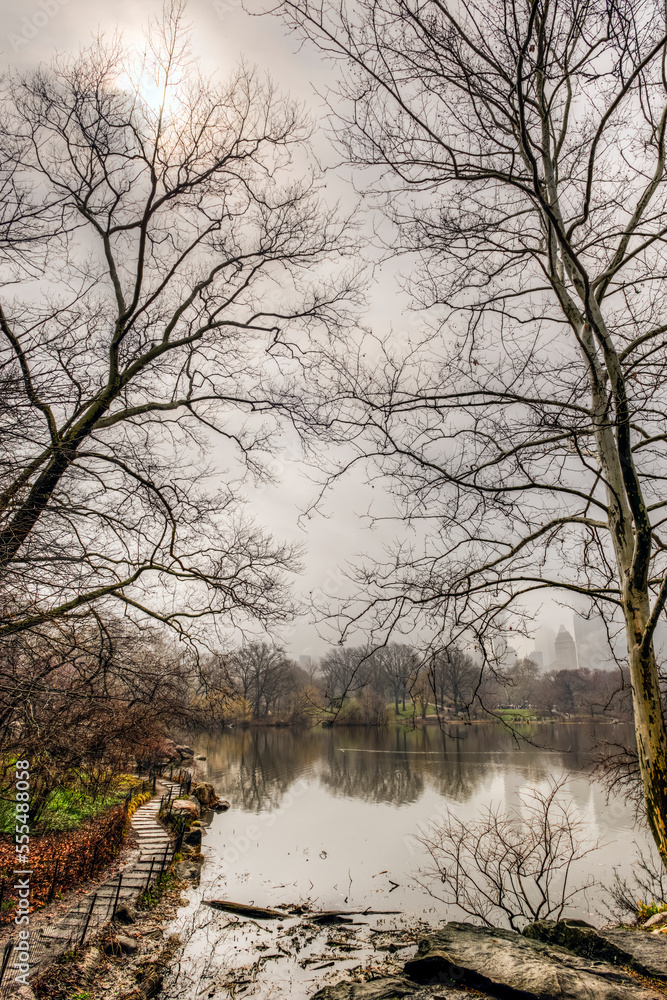 Fog clearing over the lake in Central Park; New York City, New York, United States of America Fog clearing over the lake in Central Park; New York City, New York, United States of America