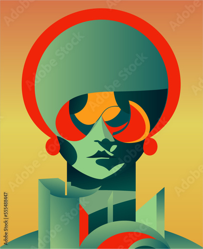 Abstract image of a face in orange-green color on a golden background