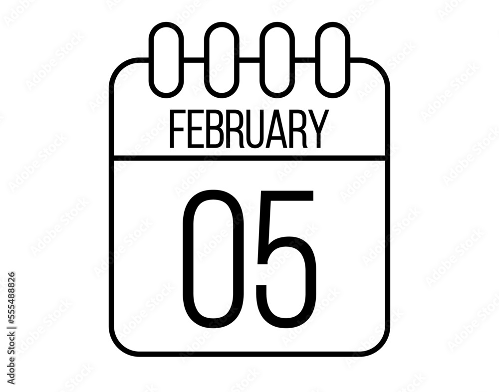 5 February day icon. Black February calendar page vector on isolated white background