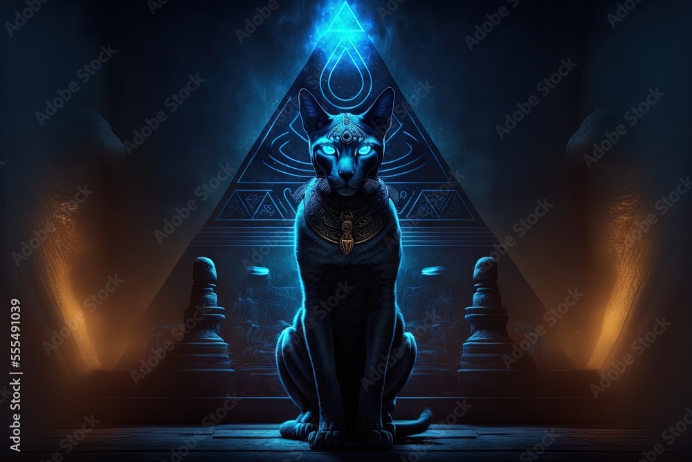 The Egyptian cat goddess Bastet, atop a pyramid in the dark. Immense ...