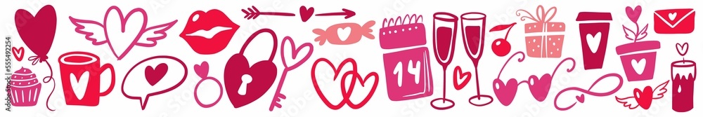 Horizontal illustration with a collection of elements for Valentine's day, hand-drawn in the style of a doodle Horizontal illustration with a collection of elements for Valentine's day, hand-drawn in the style of a doodle
