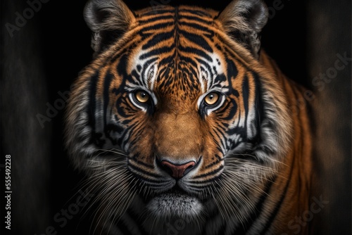  a tiger with a black background and a brown and black background with a white stripe on it's face. Generative AI photo