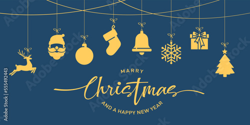Marry Christmas ornaments. Marry Christmas and happy new year greeting card with hanging christmas ornaments. Vector illustration.