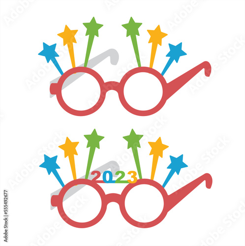 Canvas Print Party glasses and greetings decorated with stars and new year dawn, ready to be used in New Year's Eve party for 2023
