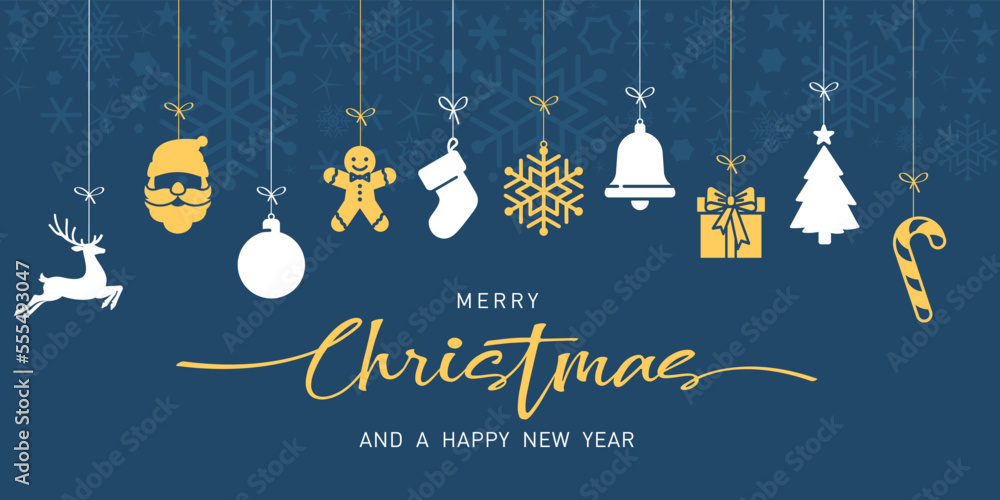 Naklejka premium Marry Christmas ornaments. Marry Christmas and happy new year greeting card with hanging christmas ornaments. Vector illustration.
