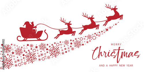 Santa Claus flying in sleigh with reindeer. Winter holiday. MerryChristmas and New Year celebration. Vector illustration