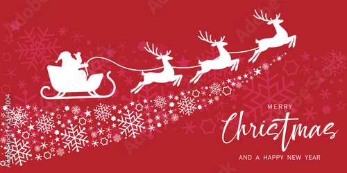 Santa Claus flying in sleigh with reindeer. Winter holiday. MerryChristmas and New Year celebration. Vector illustration