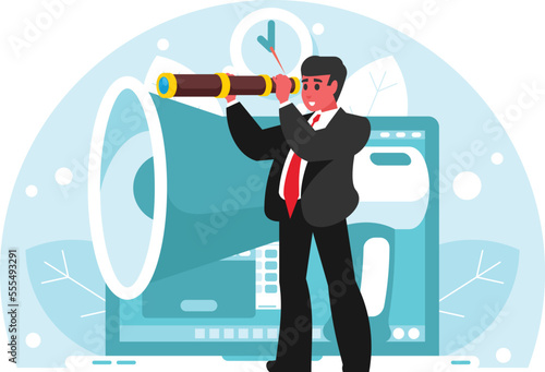 Concept of searching for new ideas. Digital marketing and promotion. Attracting human resources. Businessman looking through a spyglass. Search for new employees. Vector graphics