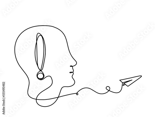 Man silhouette profile with paper plane as line drawing on white background. Vector