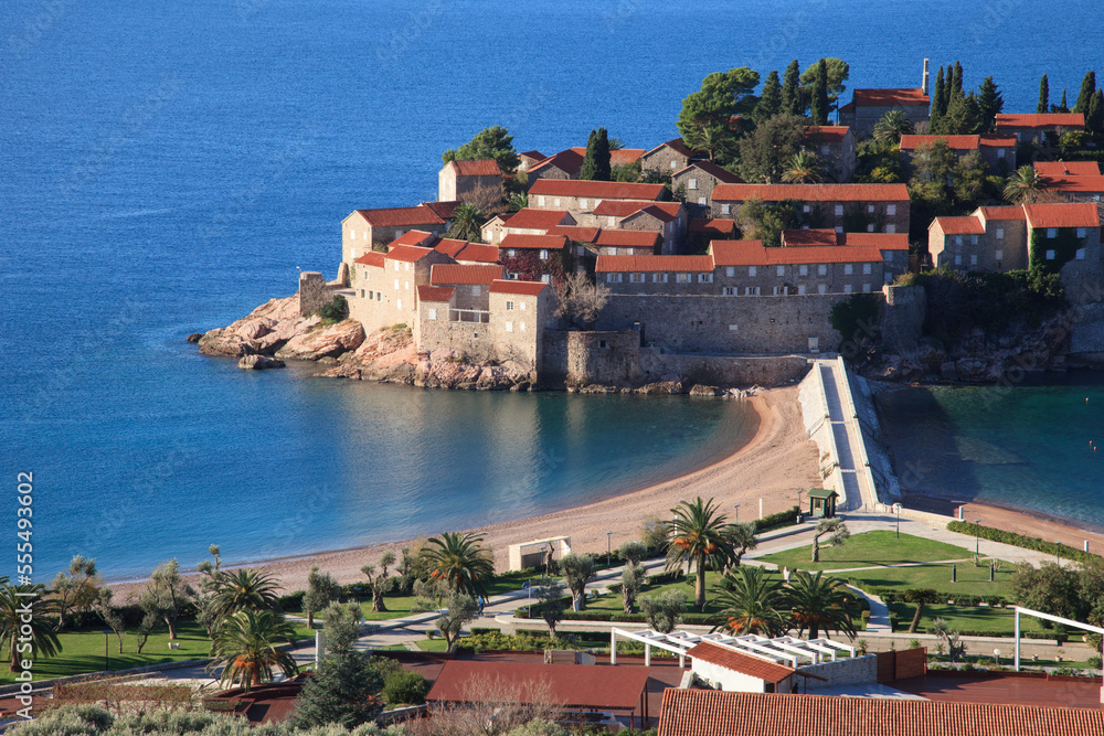 Island of Sveti Stefan in Montenegro view from the shore.