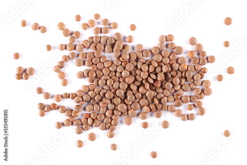 Lentils brown isolated on white, top view photo