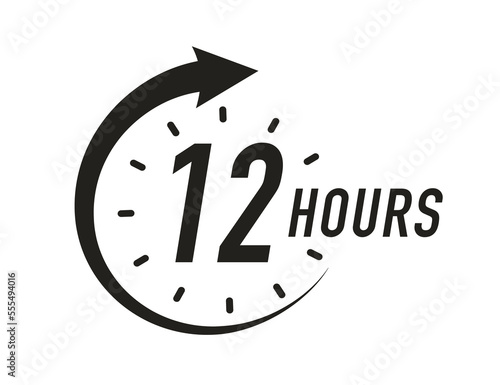 12 hours timer vector symbol black color style isolated on white background. Clock, stopwatch, cooking time label. 10 eps photo