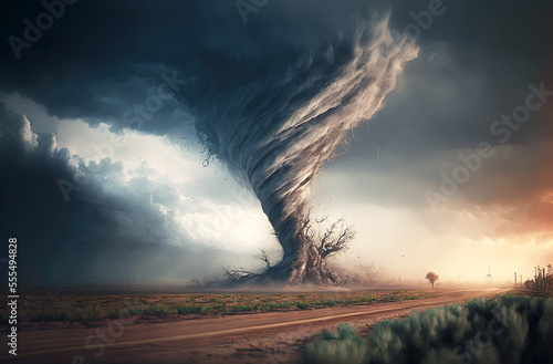Destructive tornado vortex at open landscape with cloudy sky. Postproducted generative AI digital illustration.